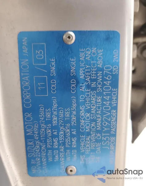 2004 Suzuki Xl7 Ex из США, поврежденный, VIN JS3TY92V044104670